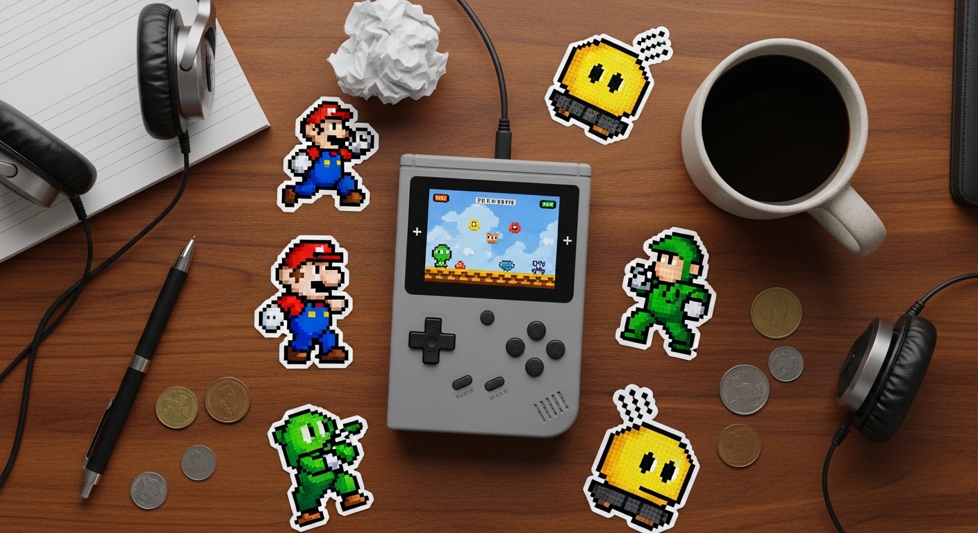 A modern gamer's desk featuring classic games and handheld tech. ☕ 🎮